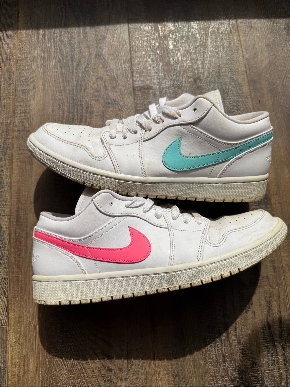 Nike White Low Top Sneakers with Teal and Pink Swooshes